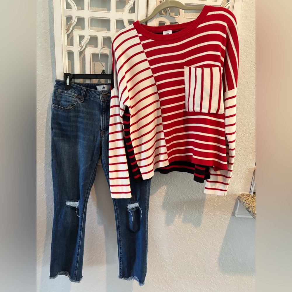 CAbi Red and Black Striped Sweater